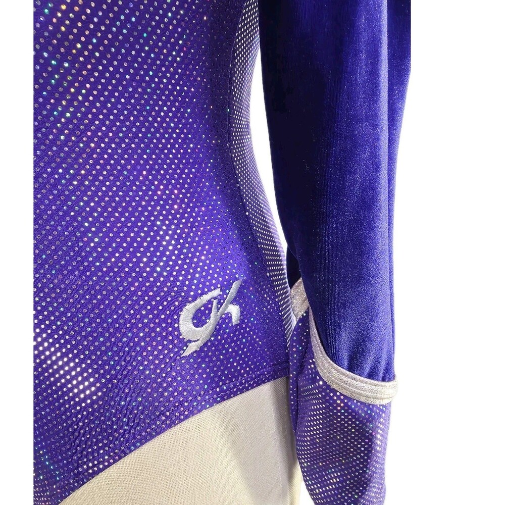 GK Elite VTG Royal Pixelated LS Velvet Sleeves Leotard Blue Violet AS Adult S - Picture 3 of 16